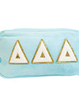 Light blue pouch with white and gold Tri Delt on a white background