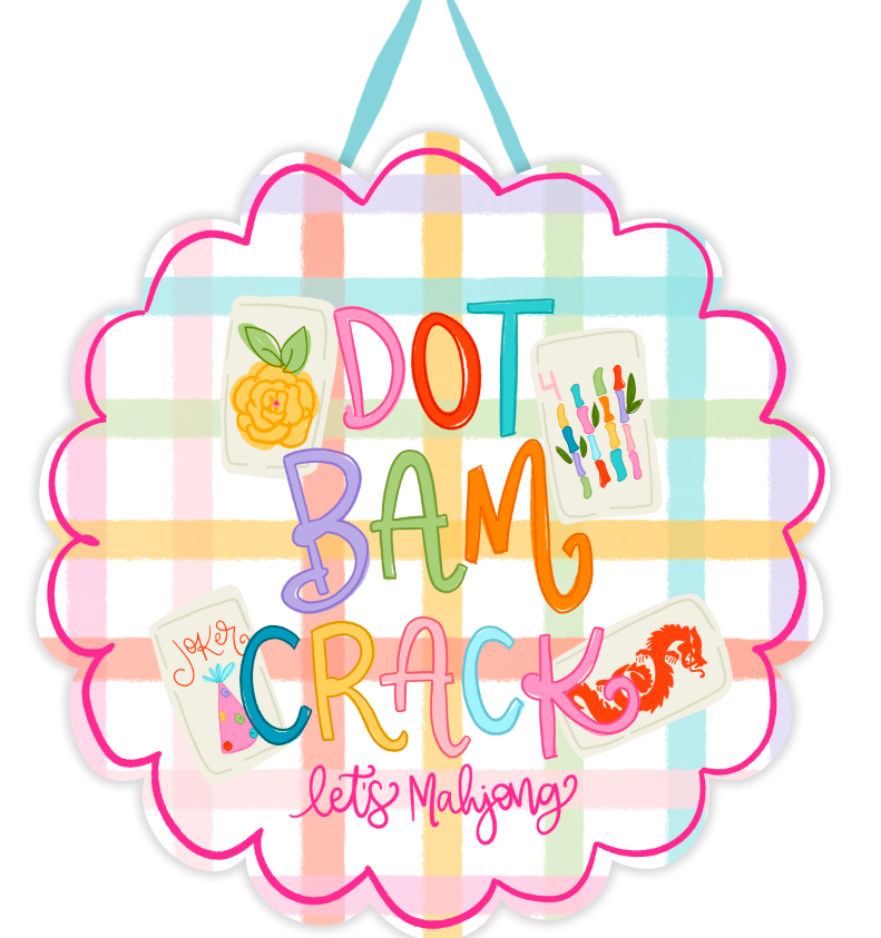 Colorful sign with 'Dot Bam Crack' text and decorative elements on a white background