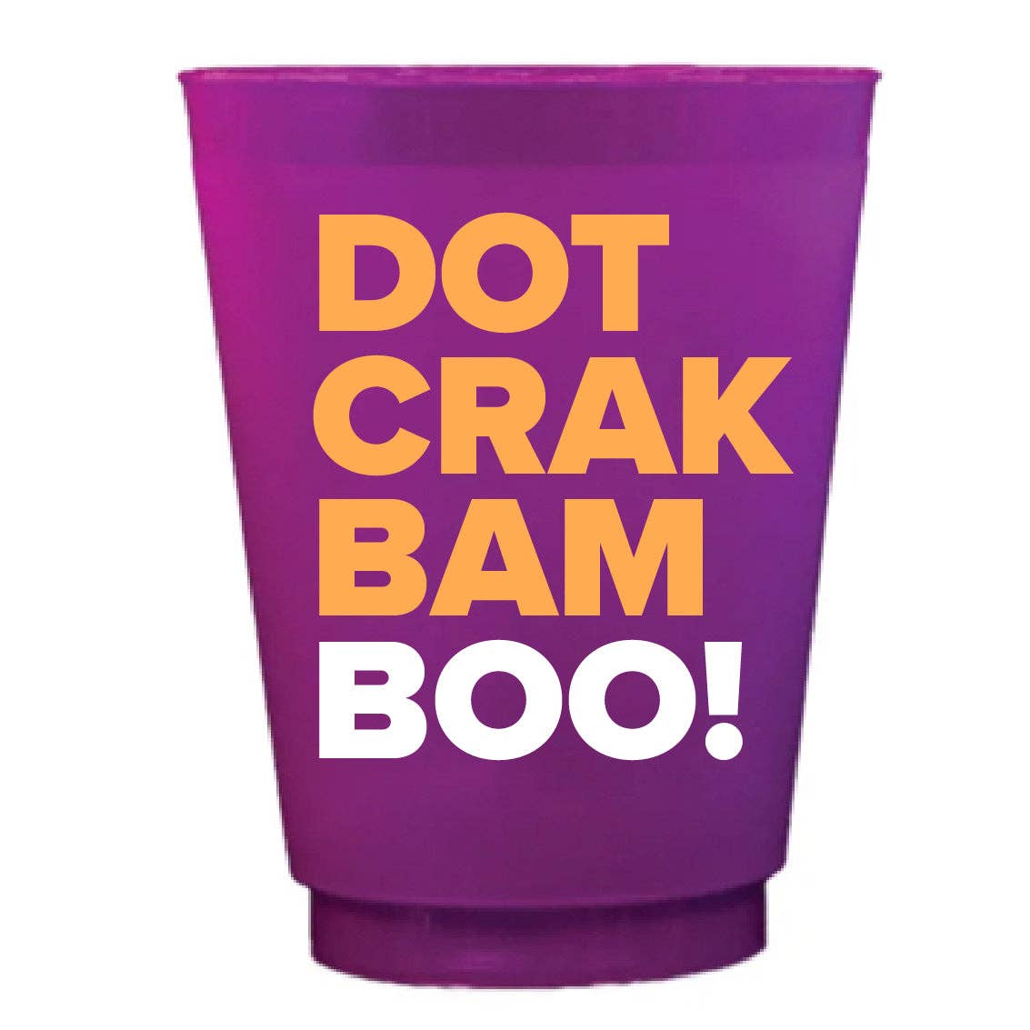 Purple cup with yellow and white text on a white background