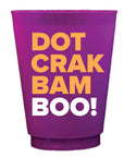 Purple cup with yellow and white text on a white background