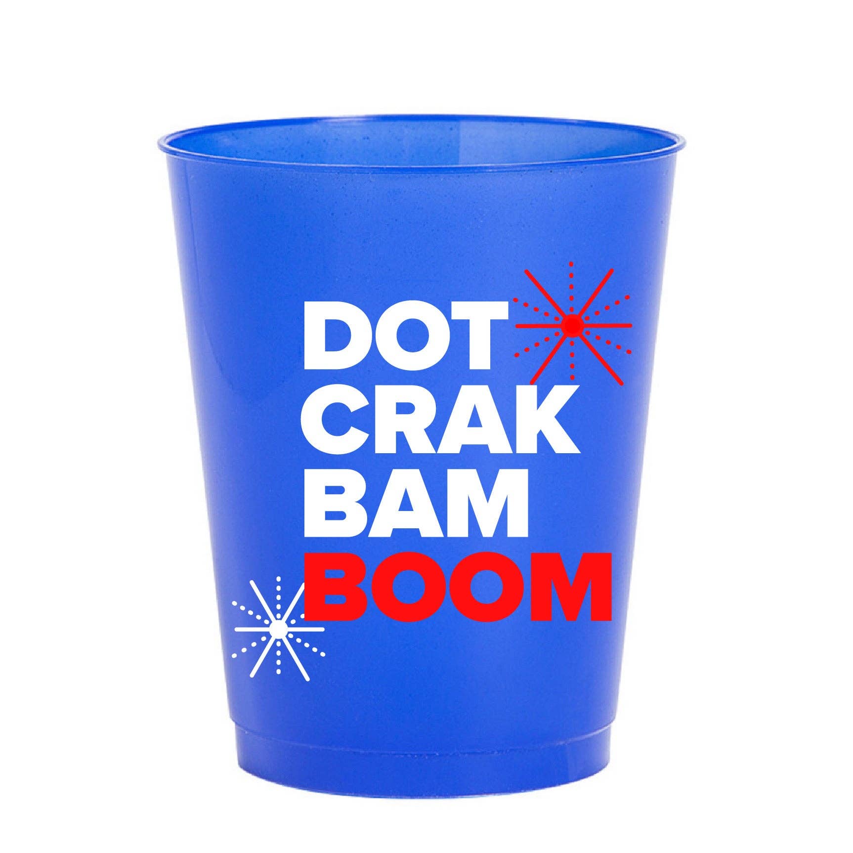 Blue plastic cup with 'DOT CRAK BAM BOOM' text and starburst designs on a white background