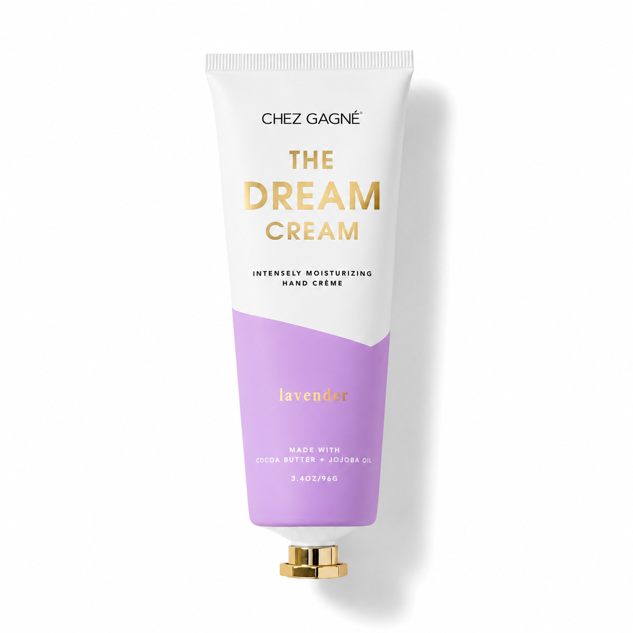 A squeeze tube of Chez Gagnée 'The Dream Cream' hand cream, featuring a white upper half with gold lettering and a lavender purple lower half, complete with a gold cap, set against a clean white background with a soft shadow.