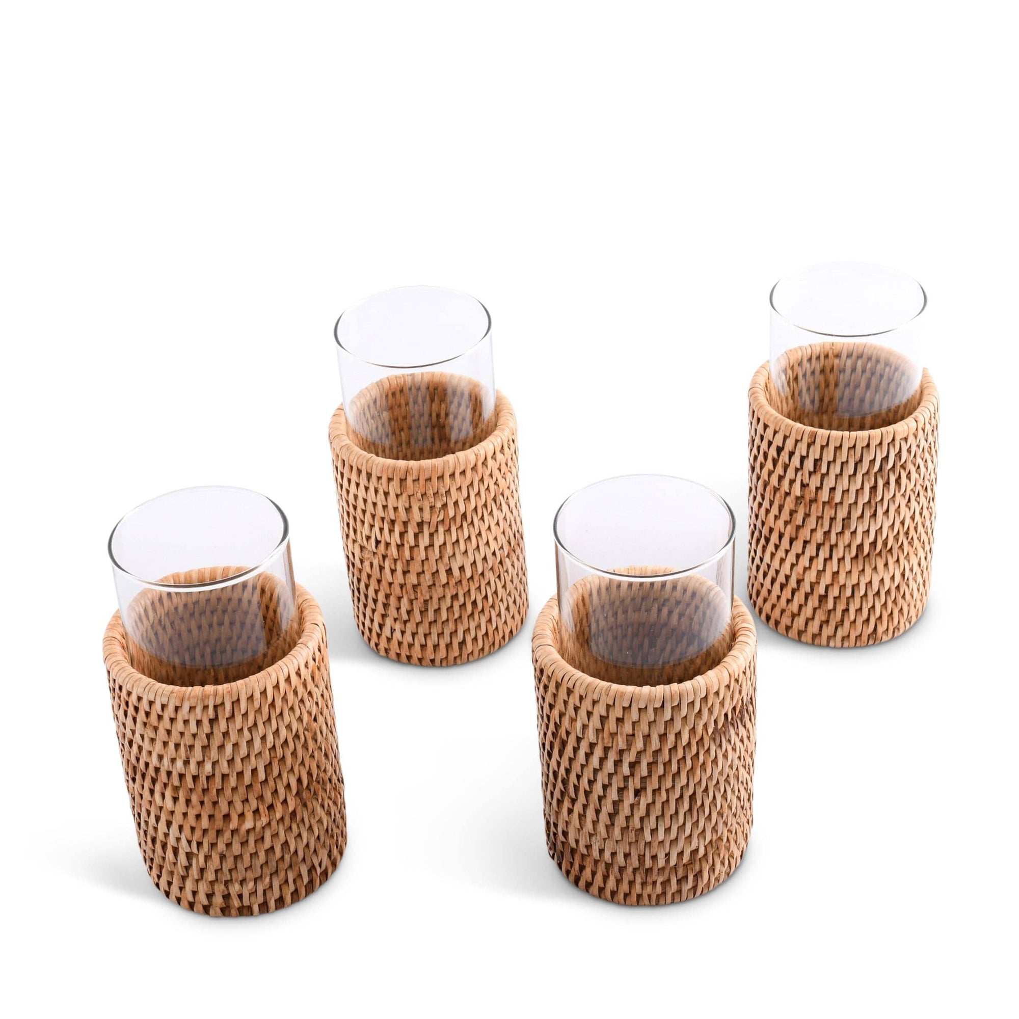 Four Drinking Glasses Covered with Hand Woven Wicker Rattan