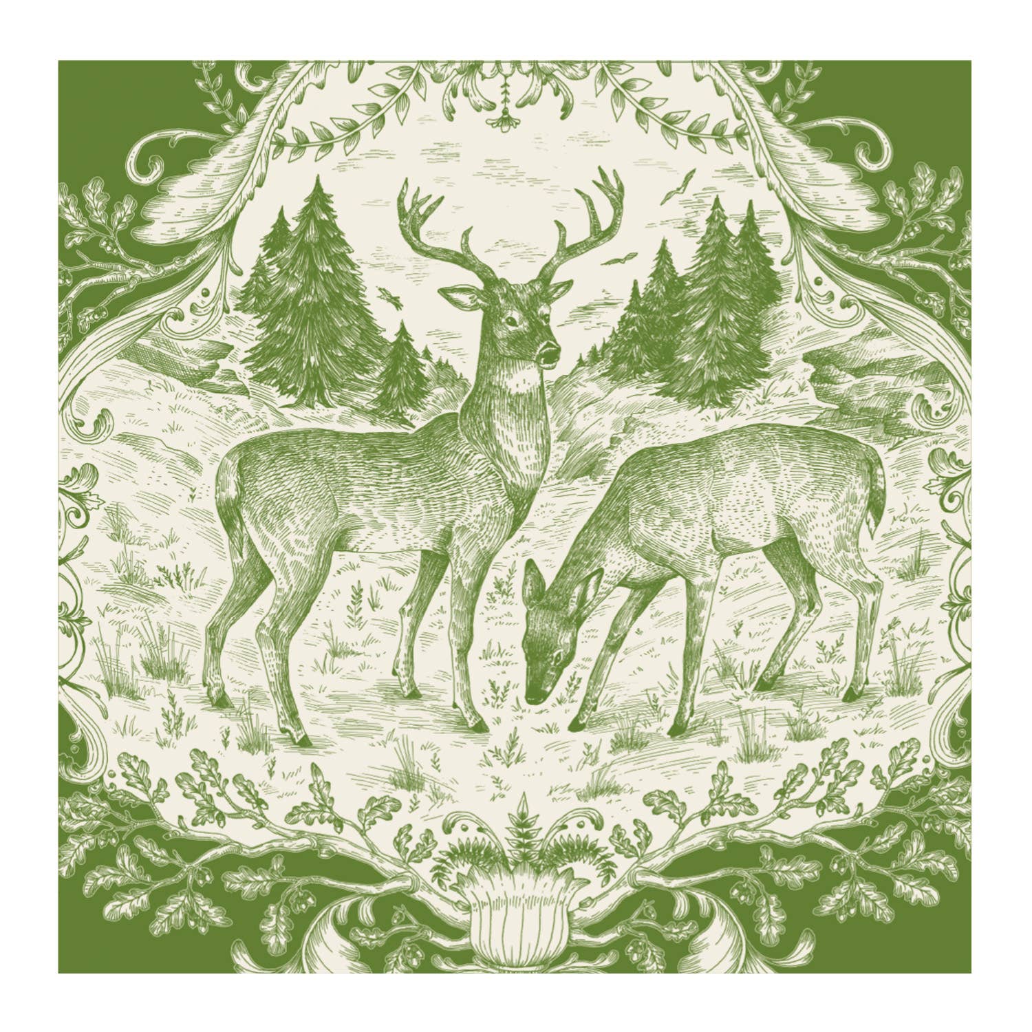 Patterned cocktail napkinwith deer and nature design on a green background