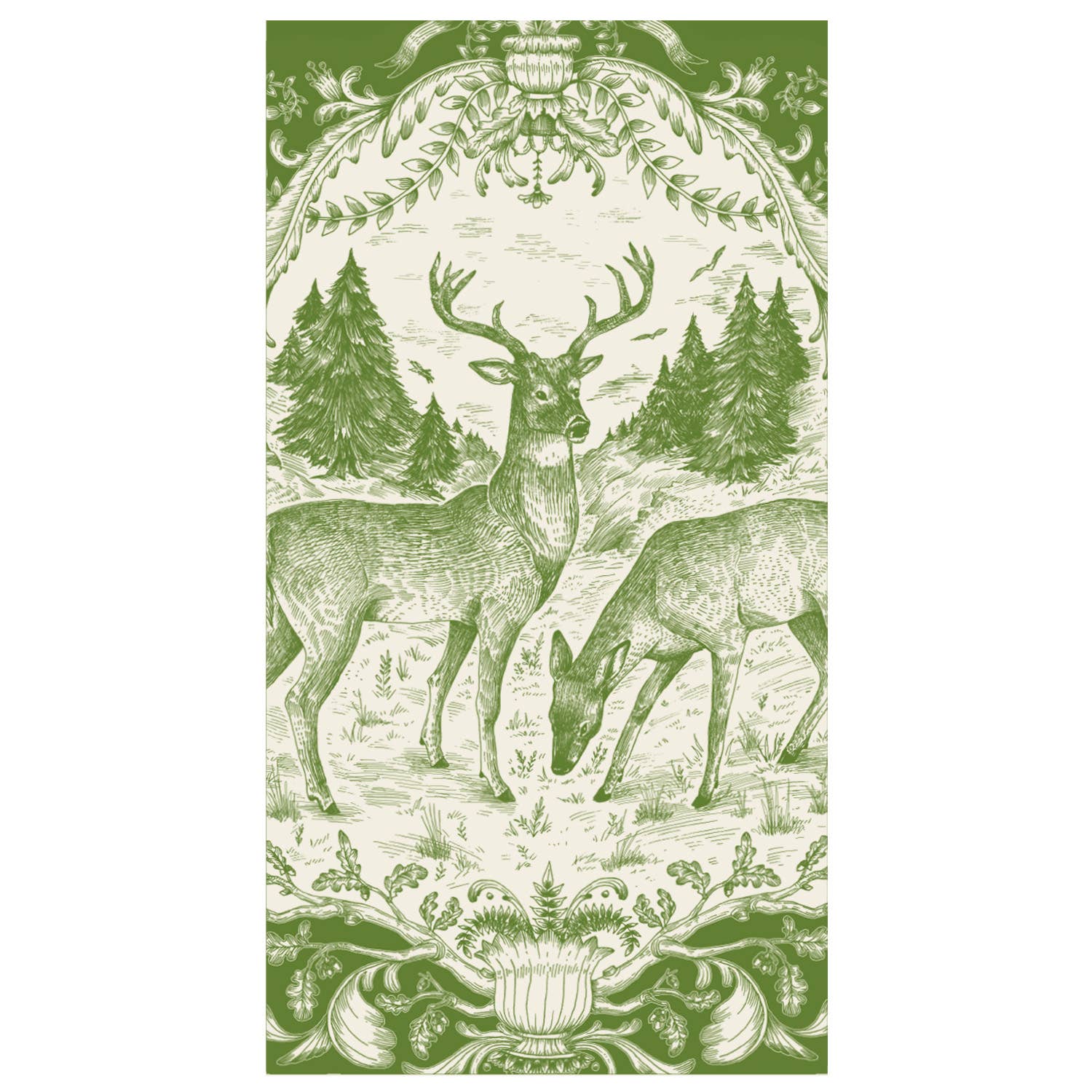 Decorative guest napkin with deer and nature design in green on a white background