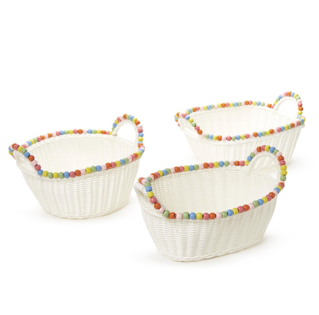 Three round faux wicker baskets with multi-color wood bead trim, in varying sizes, against a white background.