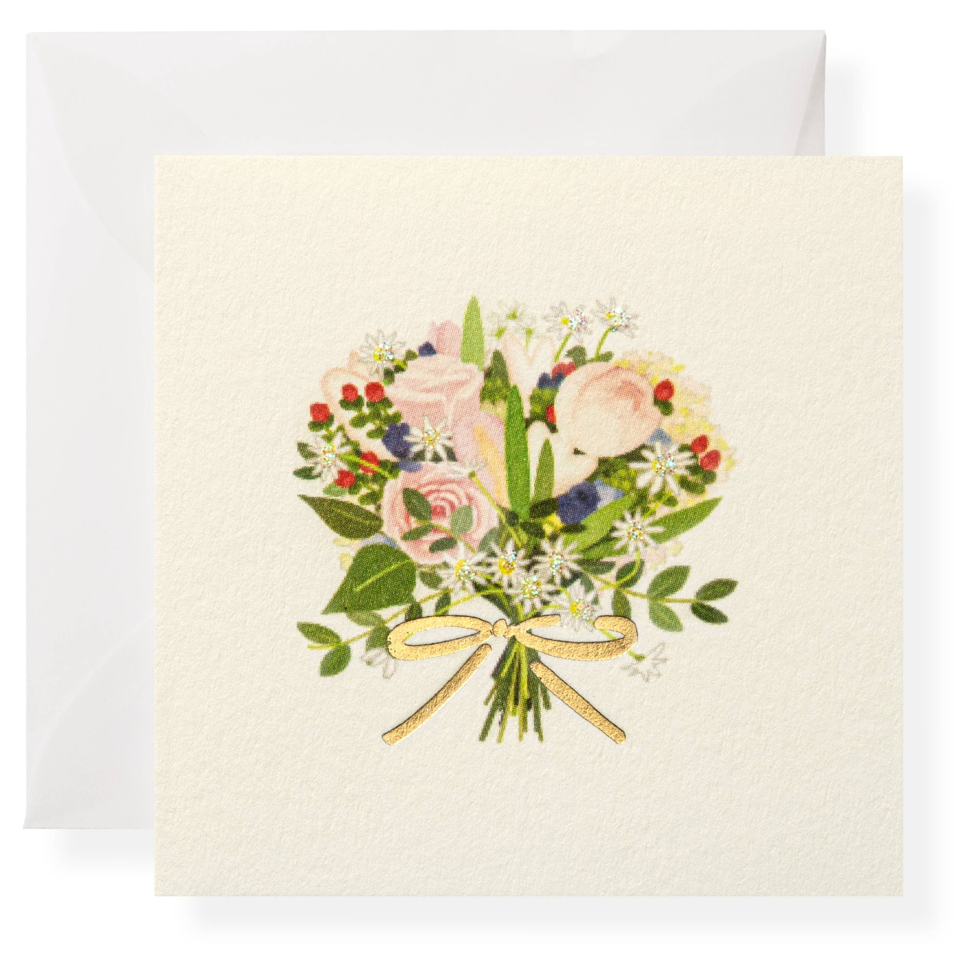 Card with a bouquet of flowers and a bow on a white background