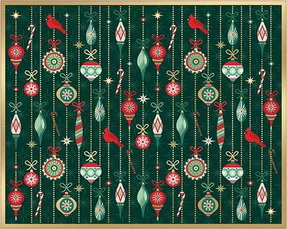 Pattern of Christmas ornaments, birds, and candy canes on a green background on a paper placemat