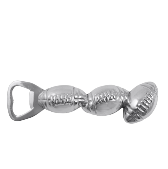 A silver-colored Football Bottle Opener bottle opener on a white background.
