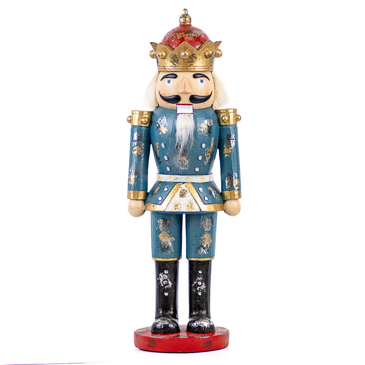 Decorative nutcracker figurine with a blue outfit and gold accents on a white background