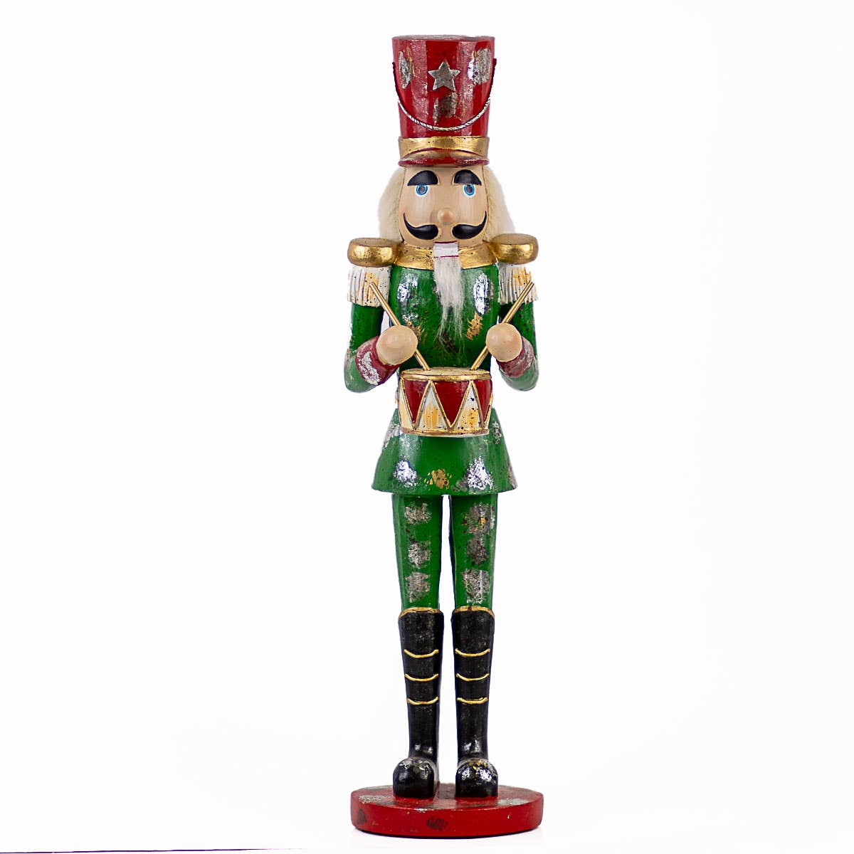A decorative nutcracker figurine featuring a traditional design with a green and red outfit, holding a baton, and wearing a red hat.