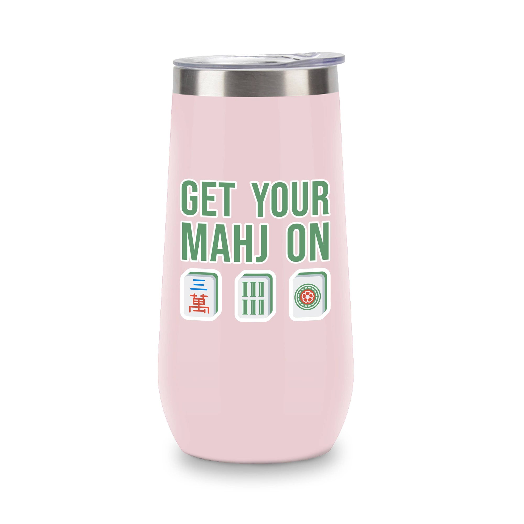 Pink tumbler with 'Get Your Mahj On' text and Mahjong character icons on a white background