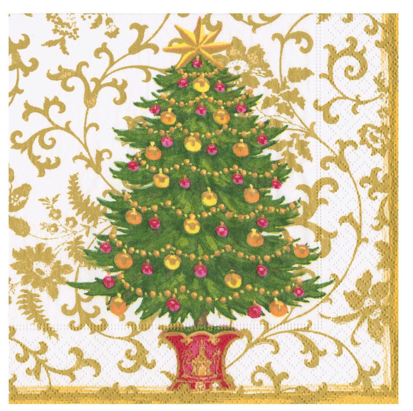 A square white paper napkin featuring a festive Christmas tree design. The tree is green with gold ornaments, pink baubles, a gold star topper, and sits in a red pot.