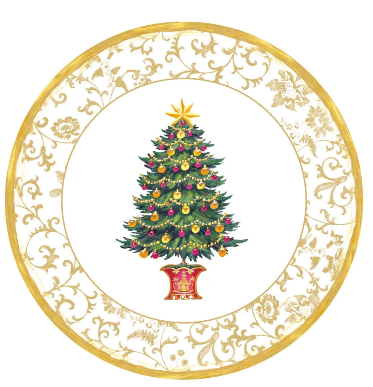 A decorative paper plate with an ornate gold floral border on a white background, featuring a central illustration of a green Christmas tree decorated with colorful ornaments and a gold star topper.