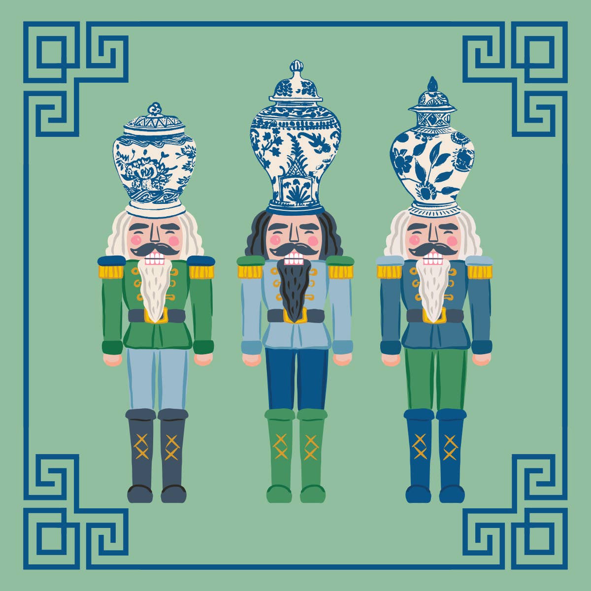 Three nutcrackers with decorative head pieces on a green background napkin