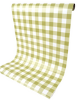 A paper table runner with a gingham pattern in olive green and white.