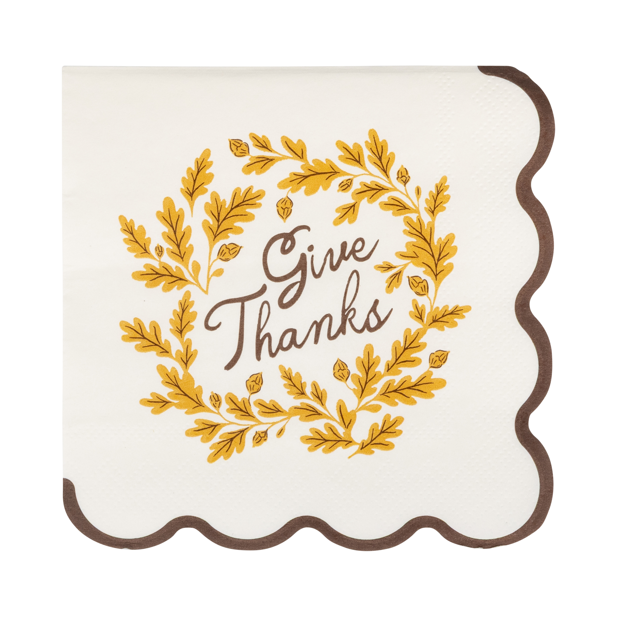 Decorative cocktail napkins with 'Give Thanks' text and gold leaves on a white background
