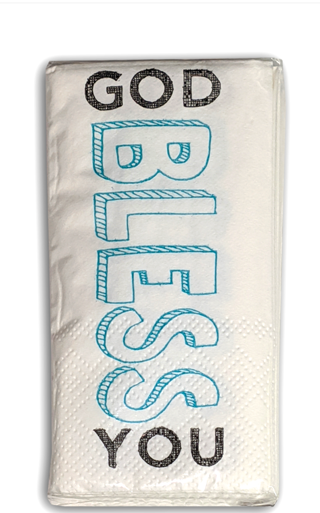 Pack of facial tissues with God Bless You printed on the package