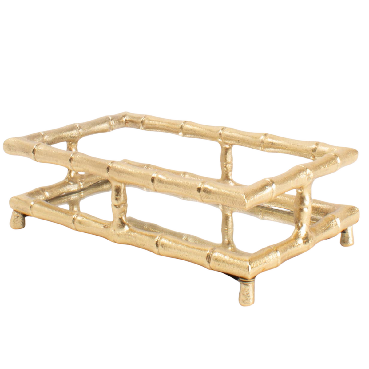 Gold Bamboo Guest Towel Tray with bamboo-like design on a white background