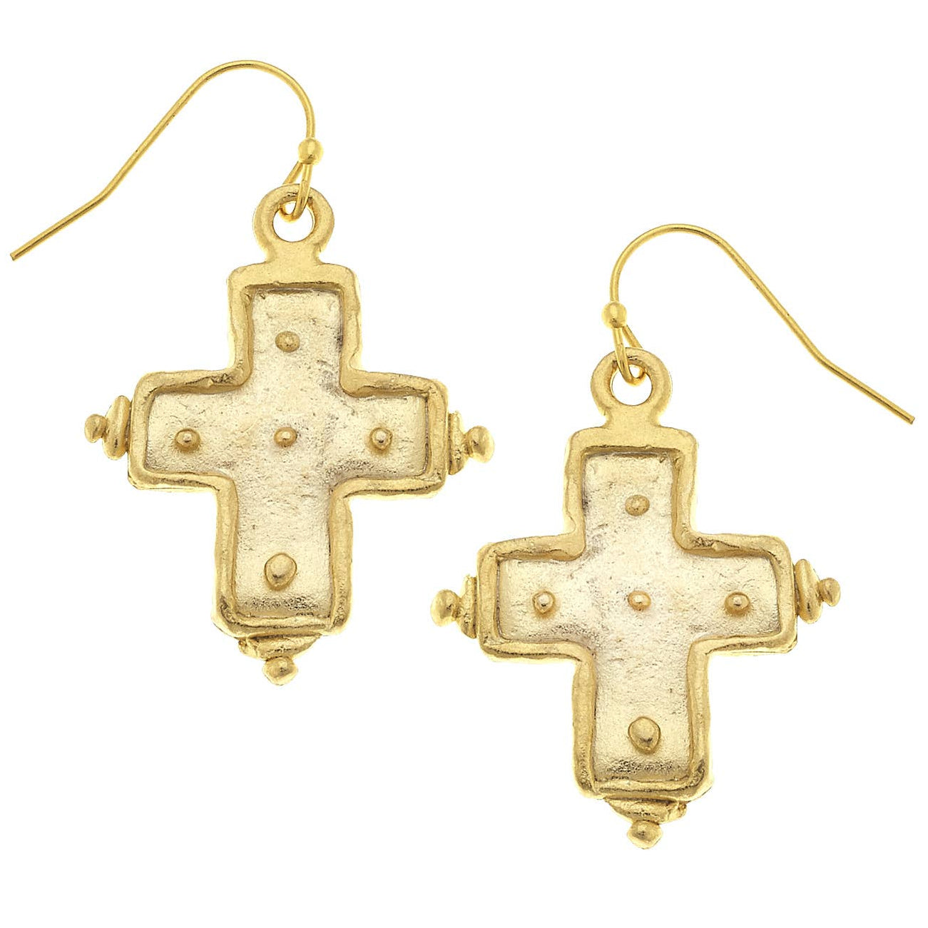 Gold cross-shaped earrings on a white background
