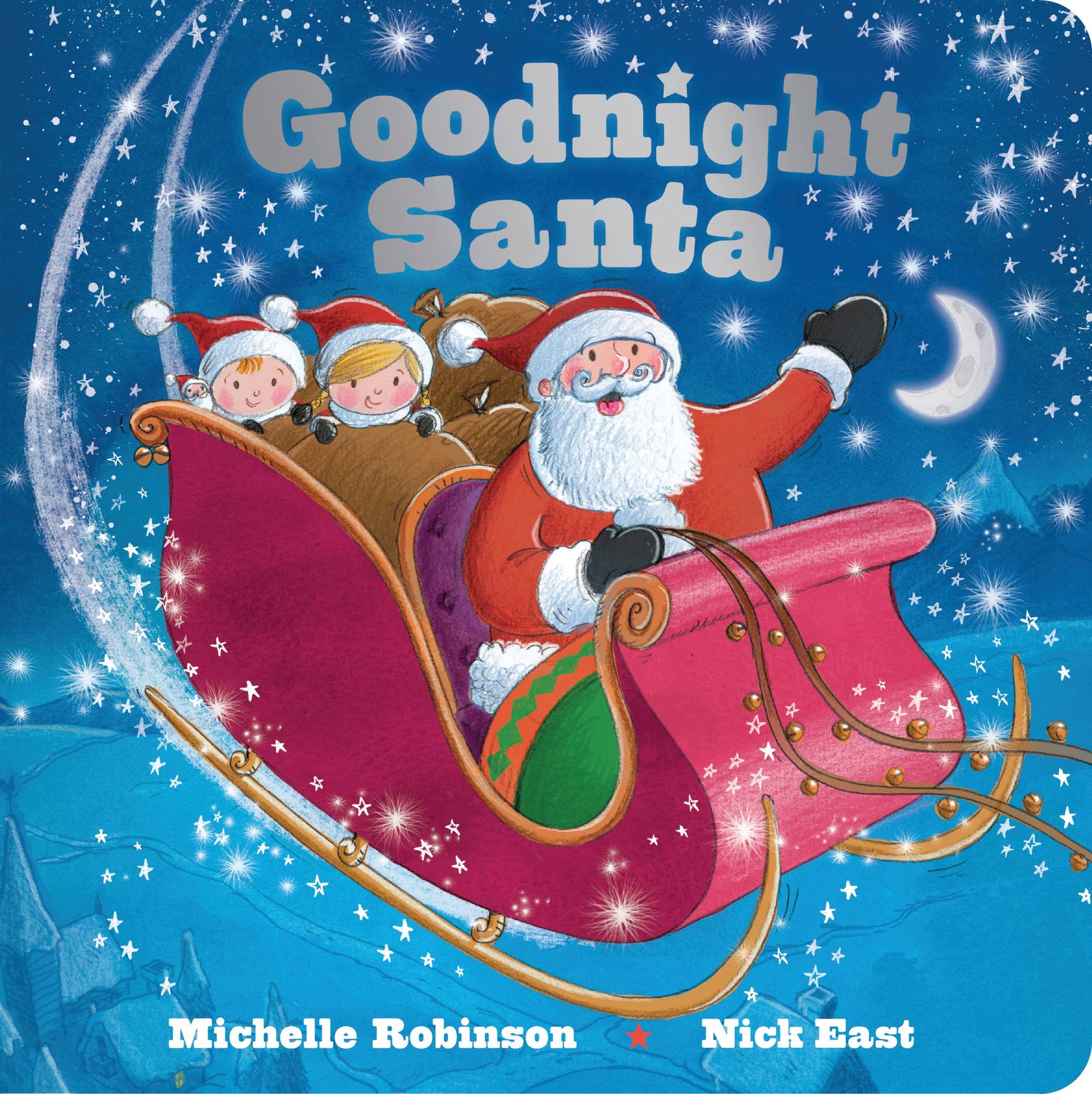 Book cover of 'Goodnight Santa' with Santa Claus in a sleigh and two children on a blue starry night background.