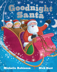 Book cover of 'Goodnight Santa' with Santa Claus in a sleigh and two children on a blue starry night background.