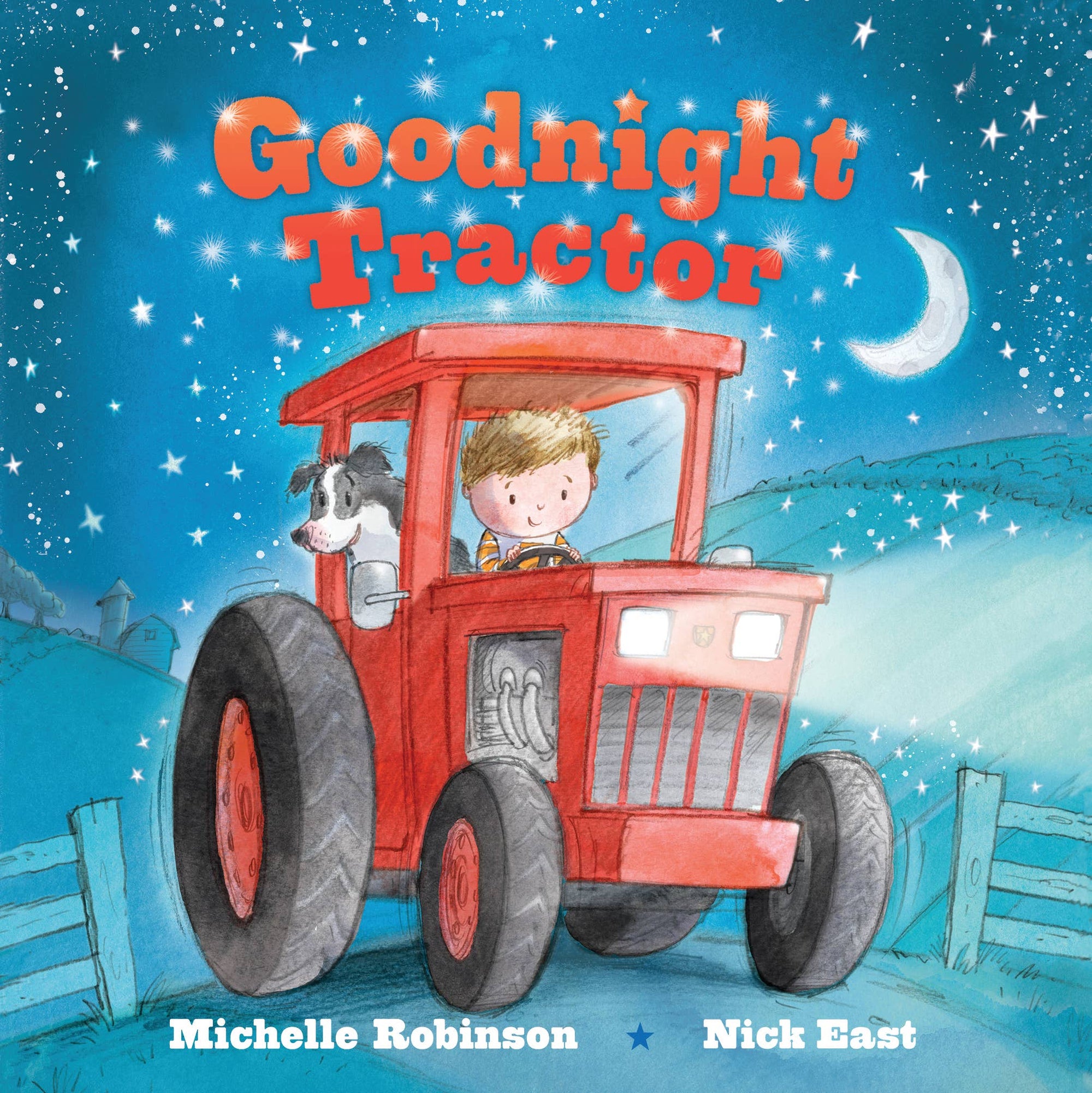 Book cover of 'Goodnight Tractor' with a red tractor and child on a blue night sky background.