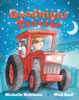Book cover of 'Goodnight Tractor' with a red tractor and child on a blue night sky background.