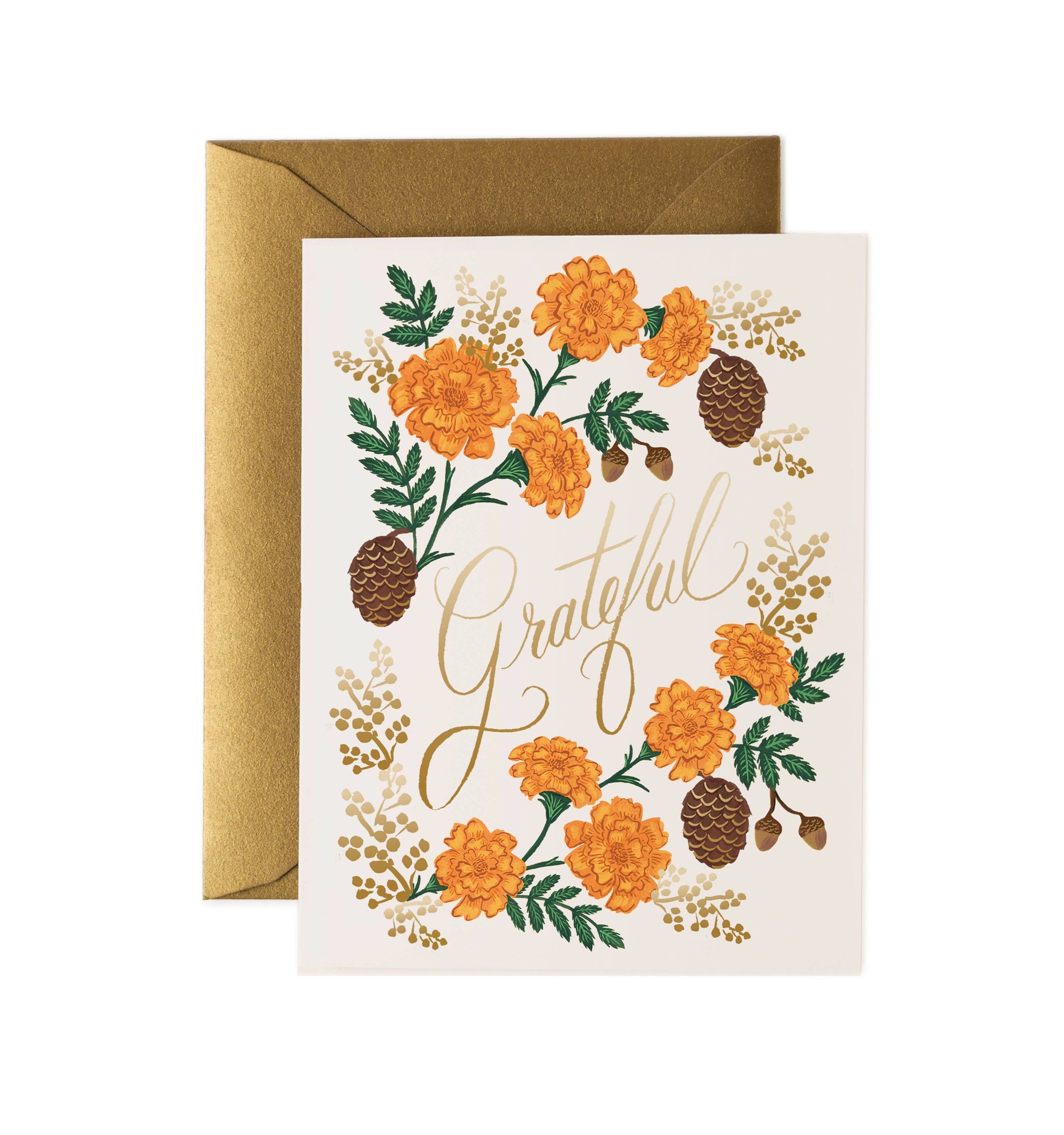 Greeting card with floral design and 'Grateful' text, featuring a gold envelope.