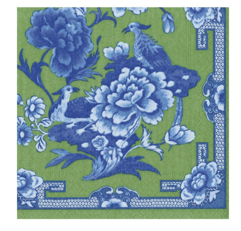 A square decorative paper napkin featuring a blue and green floral and bird pattern with a border design.