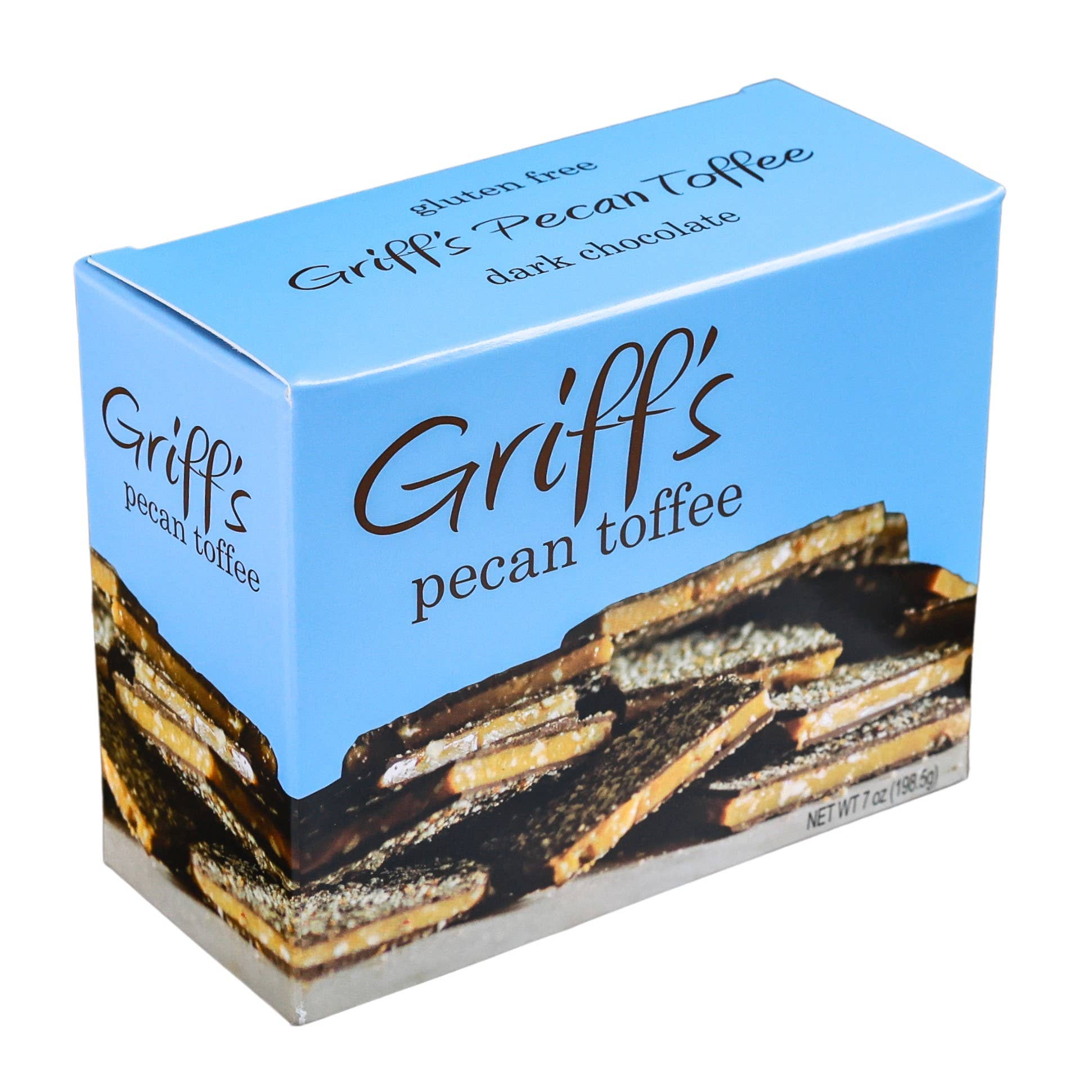 Box of Griff's pecan toffee dark chocolate on a white background