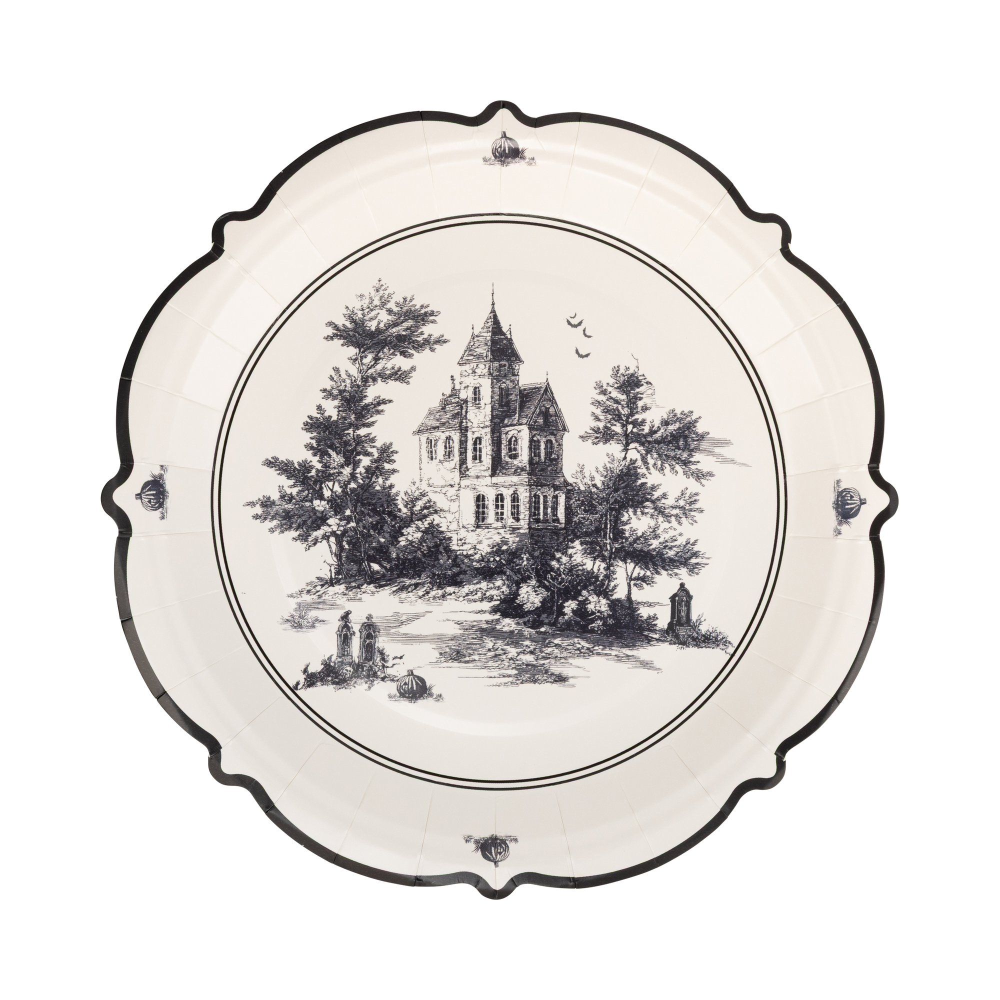 Decorative paper plate with black and white illustration of a castle and trees on a white background