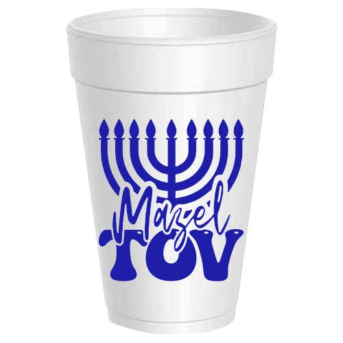 A white styrofoam cup featuring a blue menorah graphic and the words 'Mazel Tov' printed on the front, set against a plain white background.