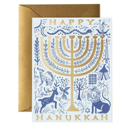 Hanukkah card with Menorah design and gold envelope