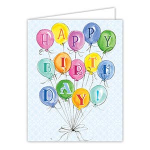 Birthday card with colorful balloons spelling 'Happy Birthday!' on a white background