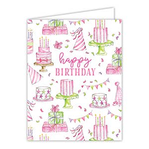 Birthday card with cake illustrations and 'Happy Birthday' text on a white background
