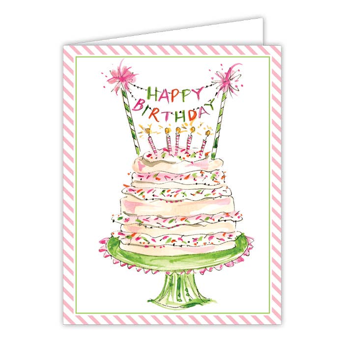 Birthday card with a cake illustration and 'Happy Birthday' text on a white background.
