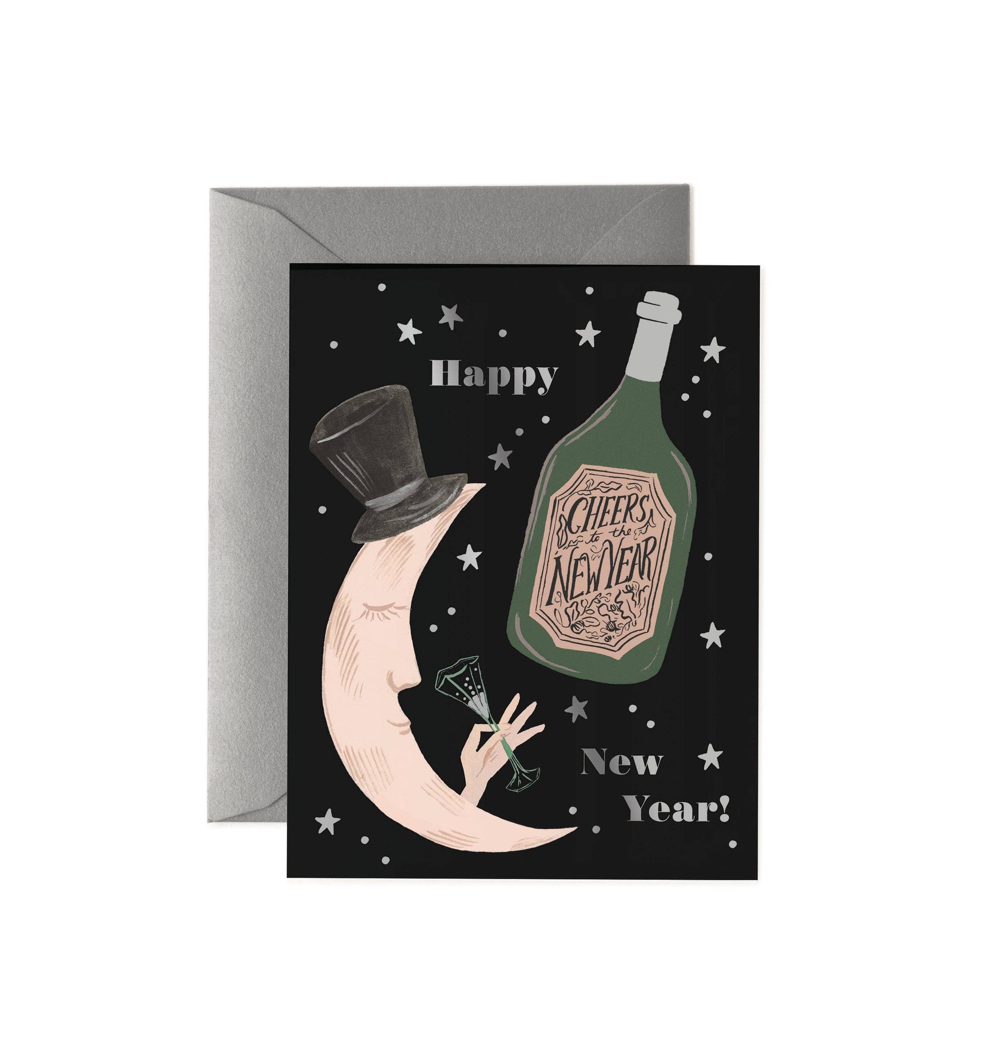 New Year's Eve card with a bottle of champagne, top hat, and crescent moon illustration.
