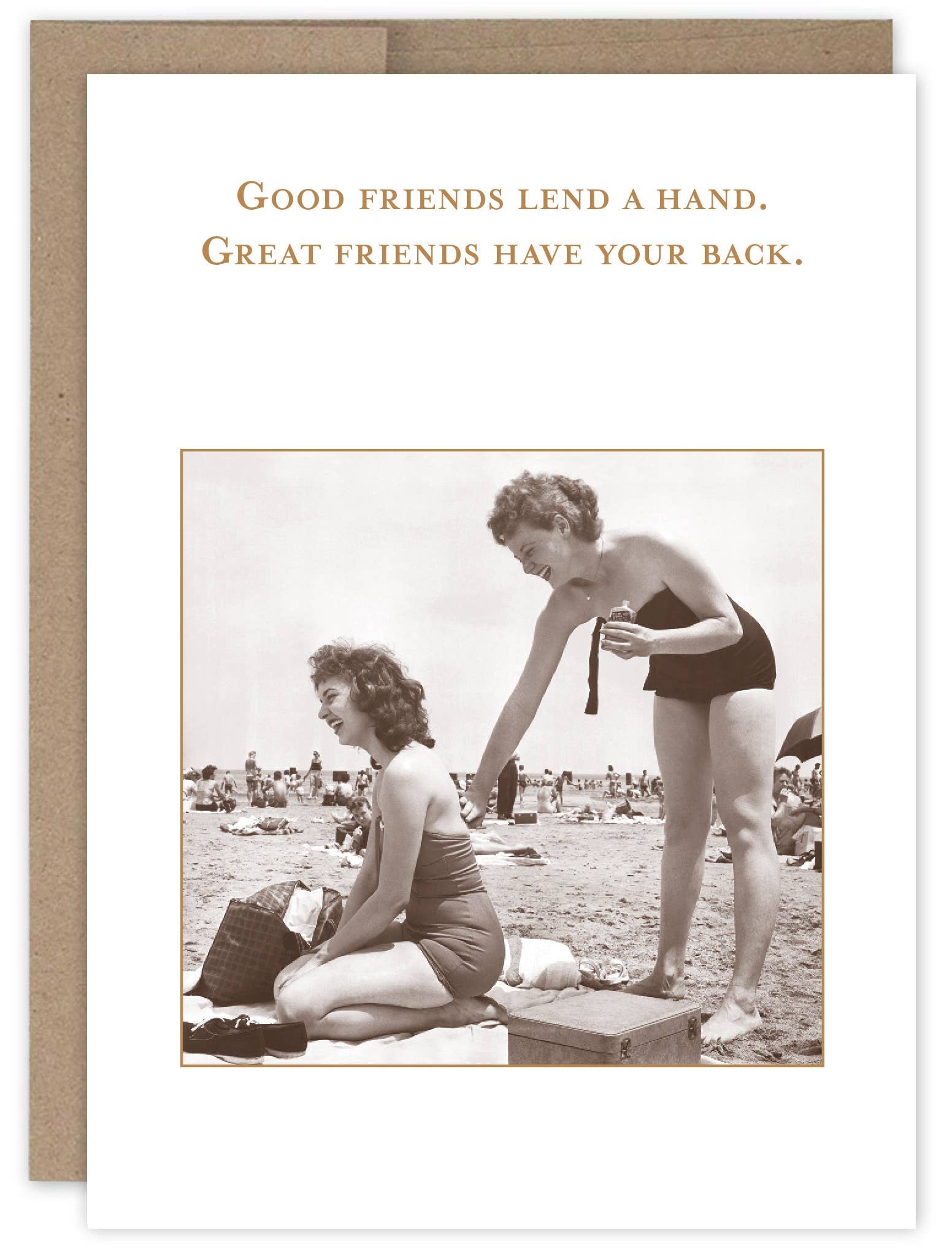 Vintage-style card with two women on a beach and a motivational quote.