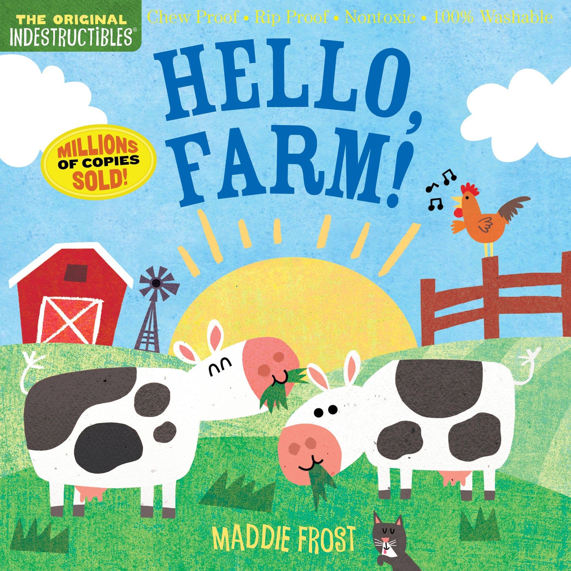 Book cover of 'Hello, Farm!' with farm animals and a barn on a blue sky background.