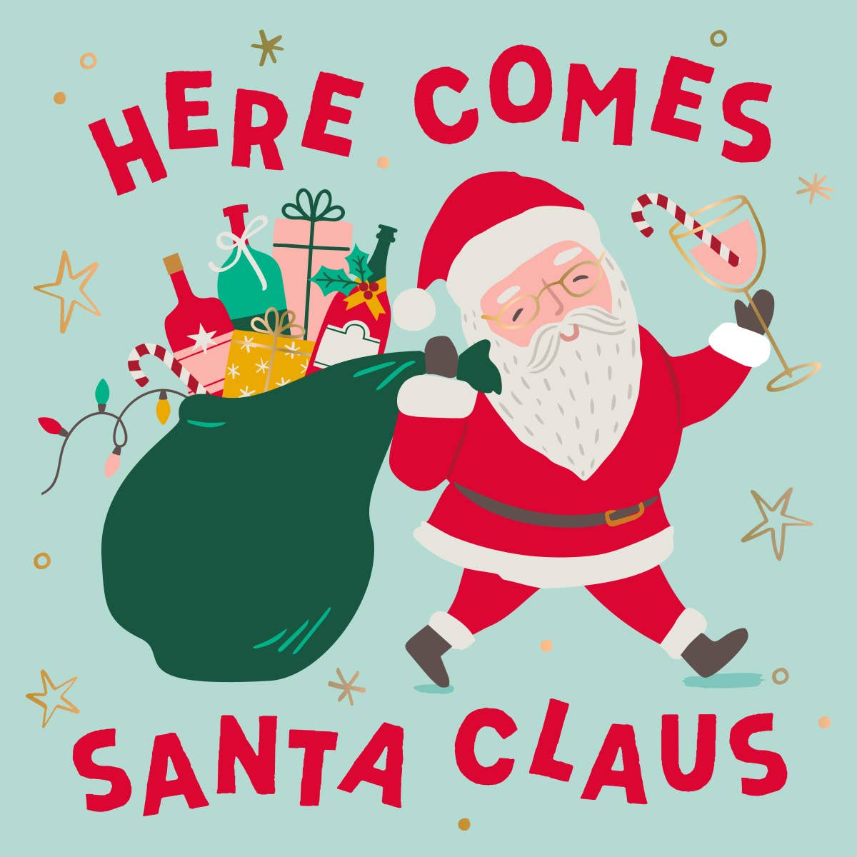 Illustration of Santa Claus with a sack of gifts on a light green background with festive text.