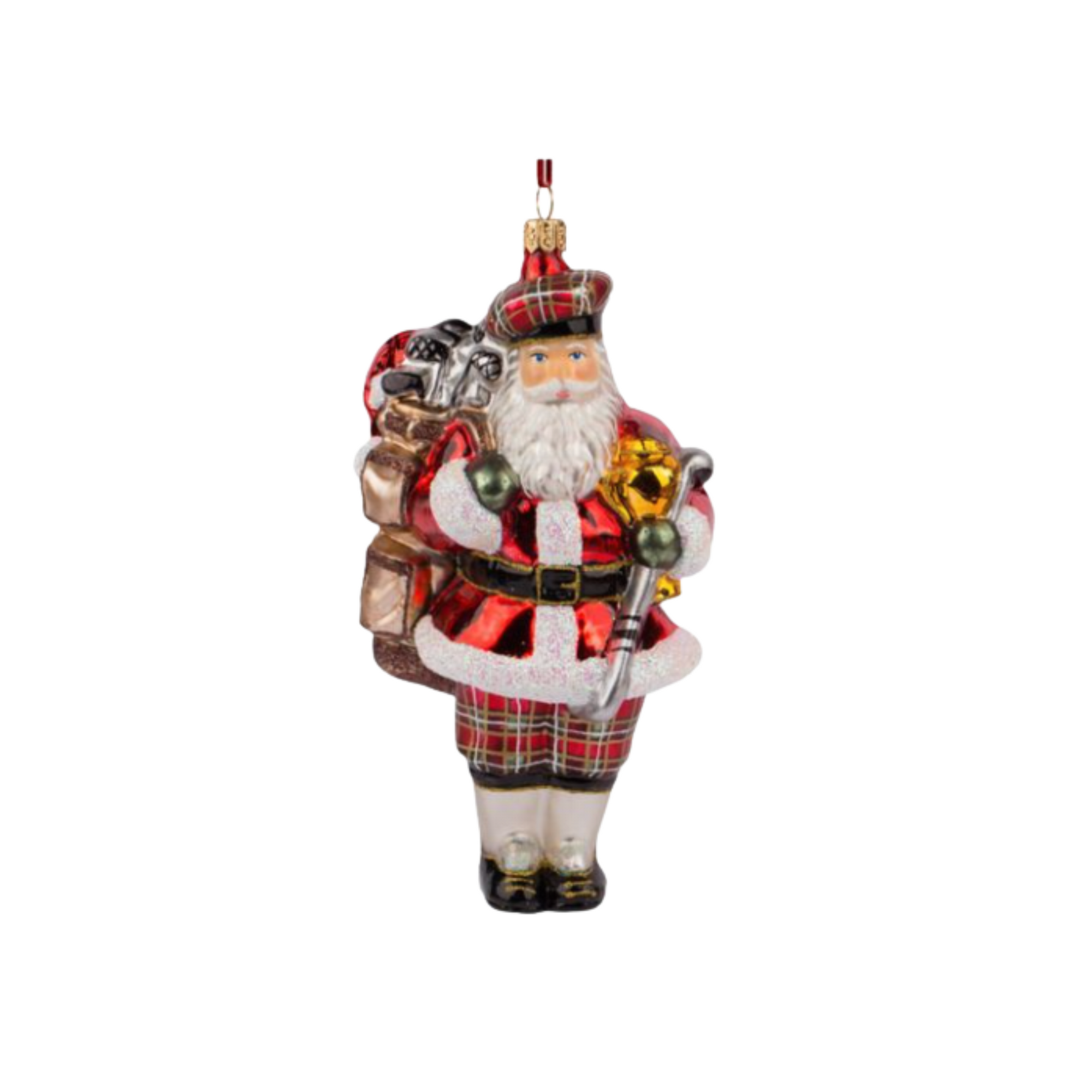 Scottish-themed Santa Claus ornament with tartan plaid and bagpipes on a white background