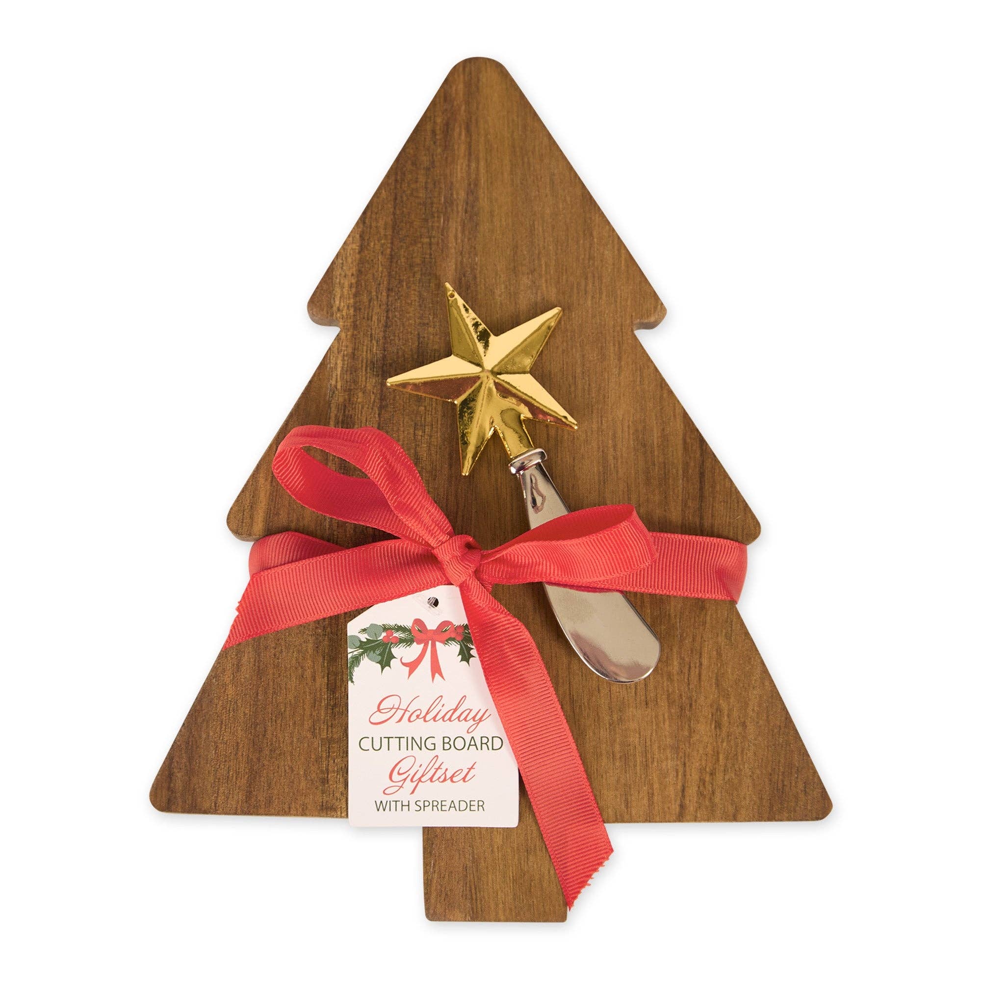 A Christmas-themed cutting board gift set featuring a triangular wooden cutting board shaped like a Christmas tree, decorated with a gold star topper, a red ribbon bow, and a hanging tag that reads 'Holiday CUTTING BOARD Giftset WITH SPREADER.'.
