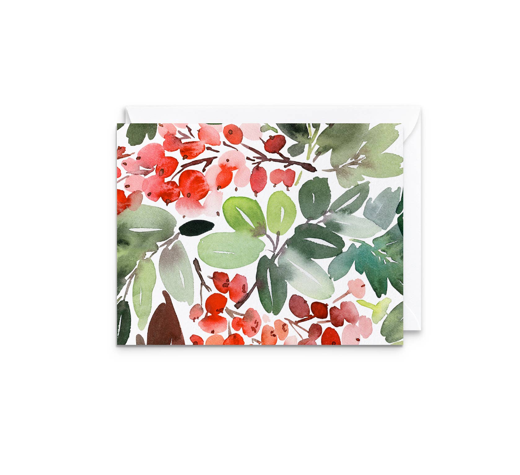 A square greeting card with a watercolor botanical pattern of red berries and green leaves, shown with a white envelope behind it on a white background.
