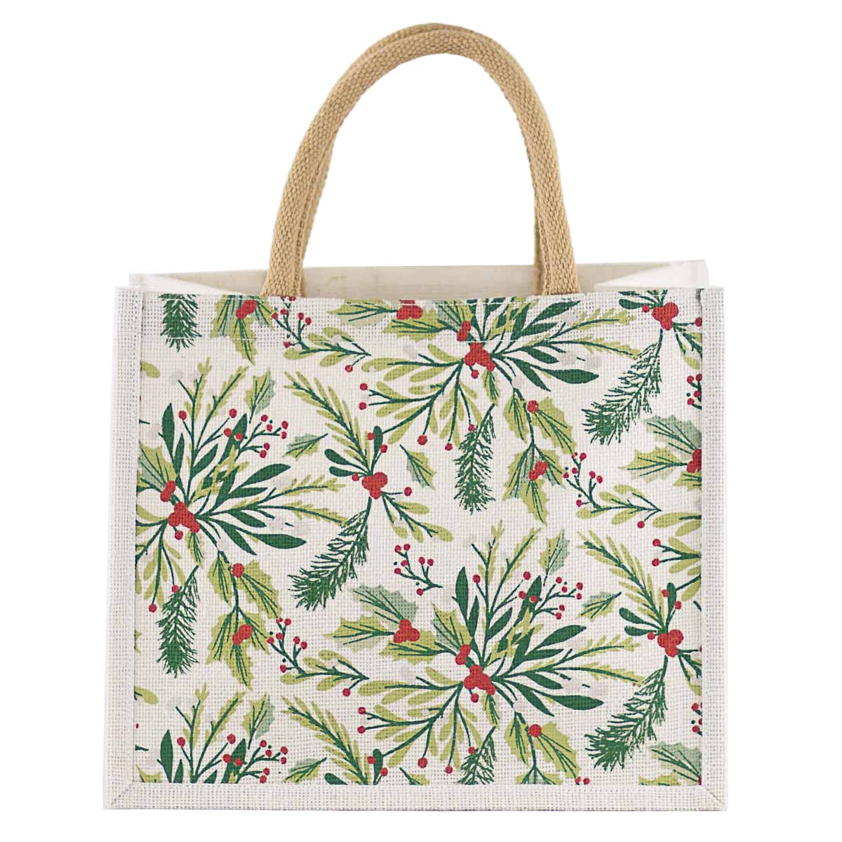 A canvas tote bag with a festive Christmas holly and pine pattern in green, red, and beige, featuring natural jute handles.