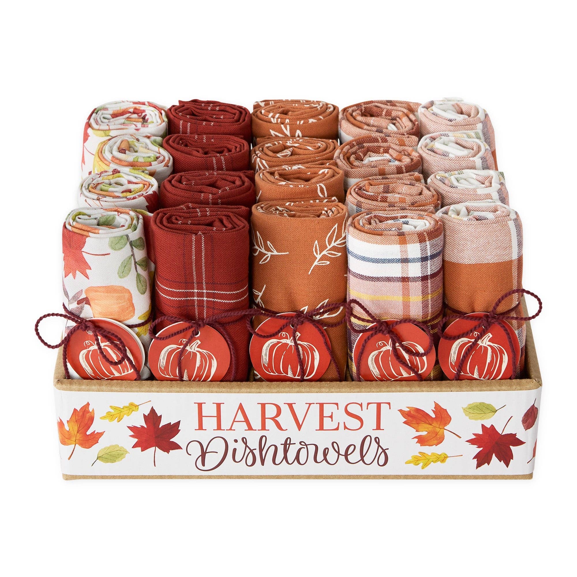  Dishtowels in autumn harvest colors, featuring various plaid, striped, and patterned cotton cloths tied with red ribbons, with pumpkin-shaped soap bars in front. The wooden box has 'HARVEST Dishtowels' printed on the front with fall leaves.