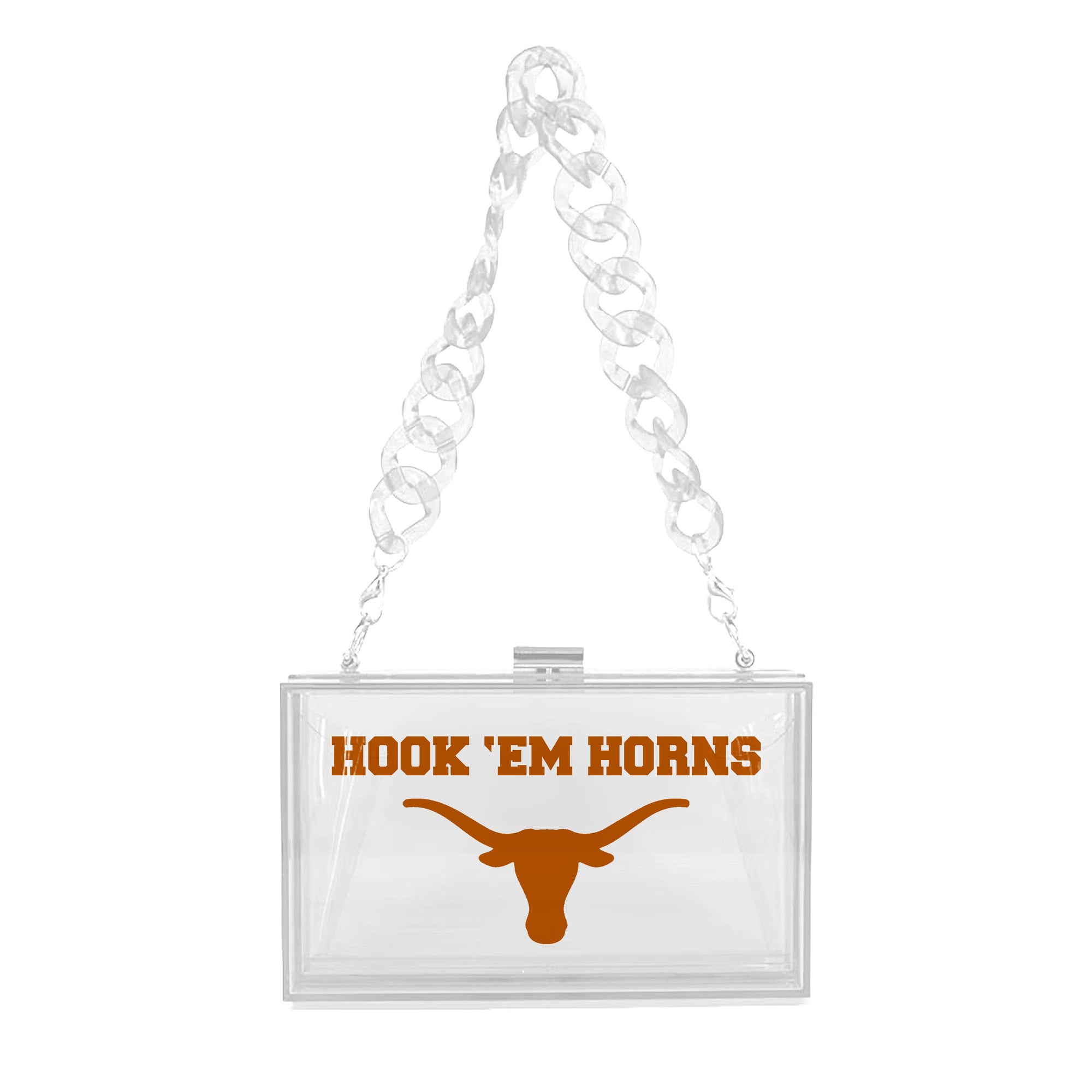 Acrylic Hook Em' Horns Stadium Bag on an acrylic strap.