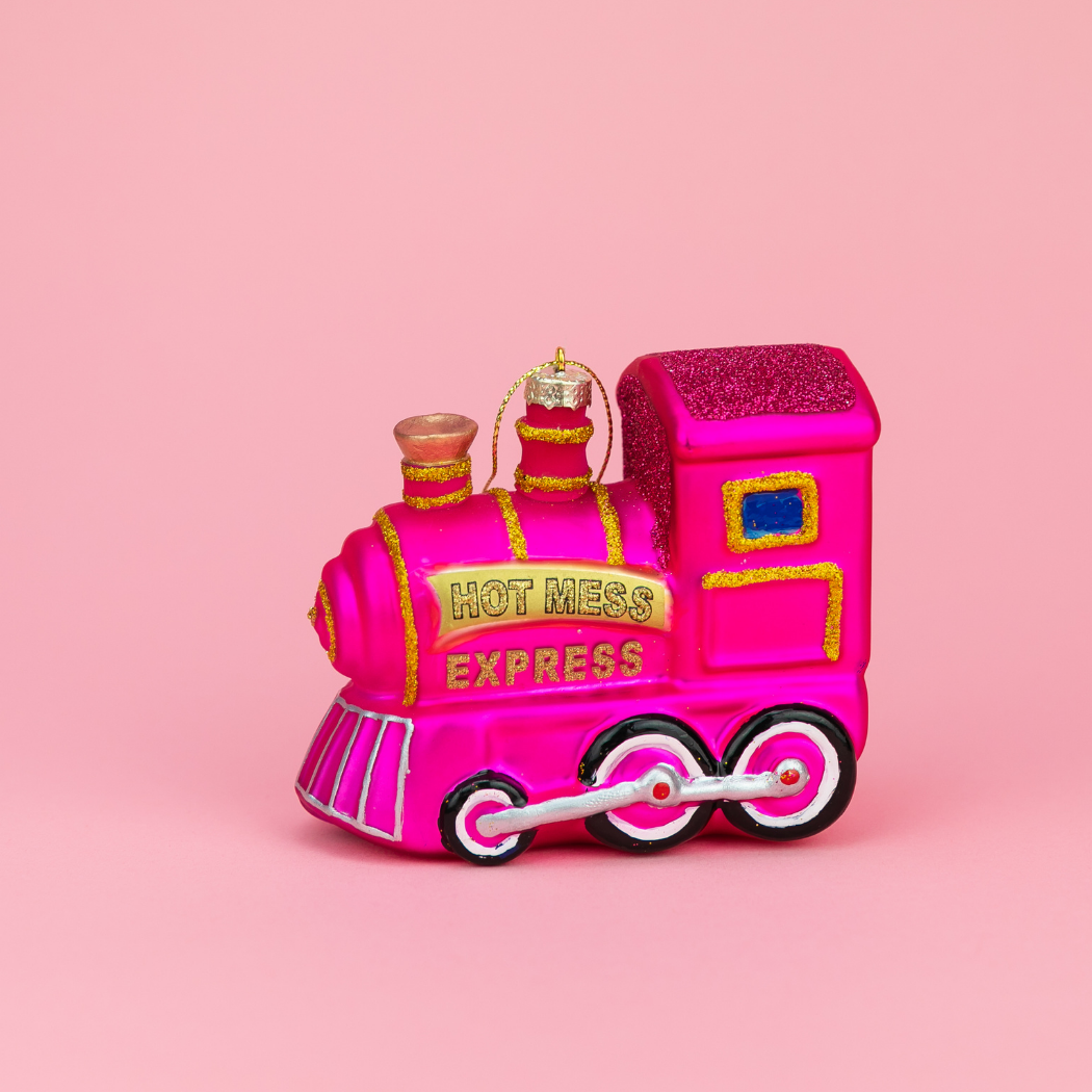 Pink train ornament with 'Hot Mess Express' text on a pink background