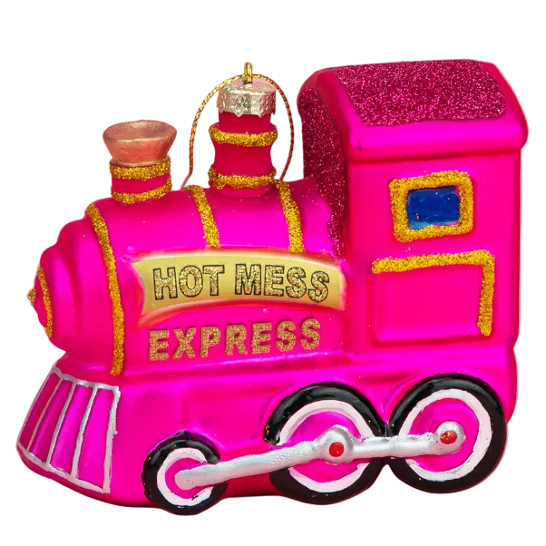 Pink train ornament with 'Hot Mess Express' text on a pink background