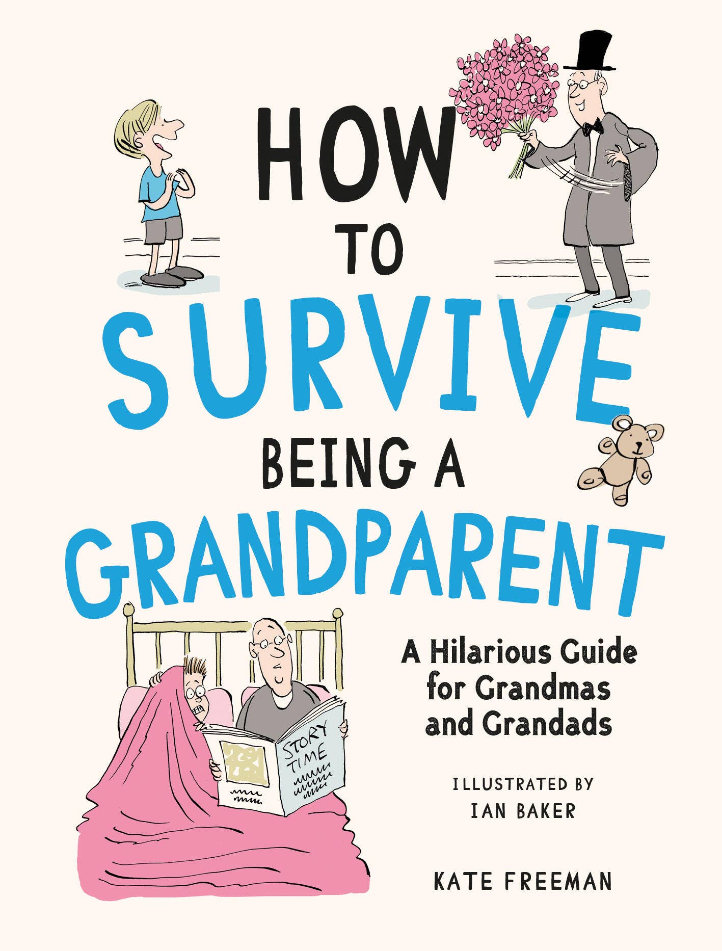 Book cover of 'How to Survive Being a Grandparent' with illustrations and text.